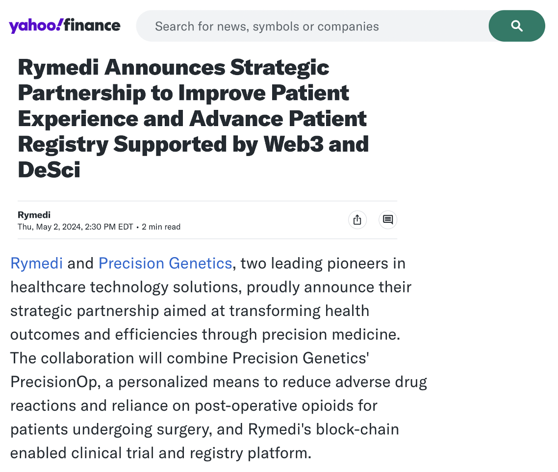 You are currently viewing Rymedi Announces Strategic Partnership to Improve Patient Experience and Advance Patient Registry Supported by Web3 and DeSci
